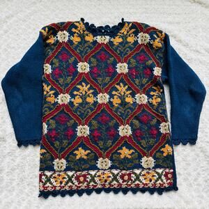 Ralsey Womens Vintage Navy Floral Tapestry Lattice Cotton Heavy Warm Sweater M